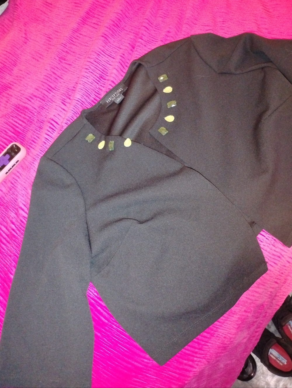 Black Cropped Open-Front Jacket with Green Accents